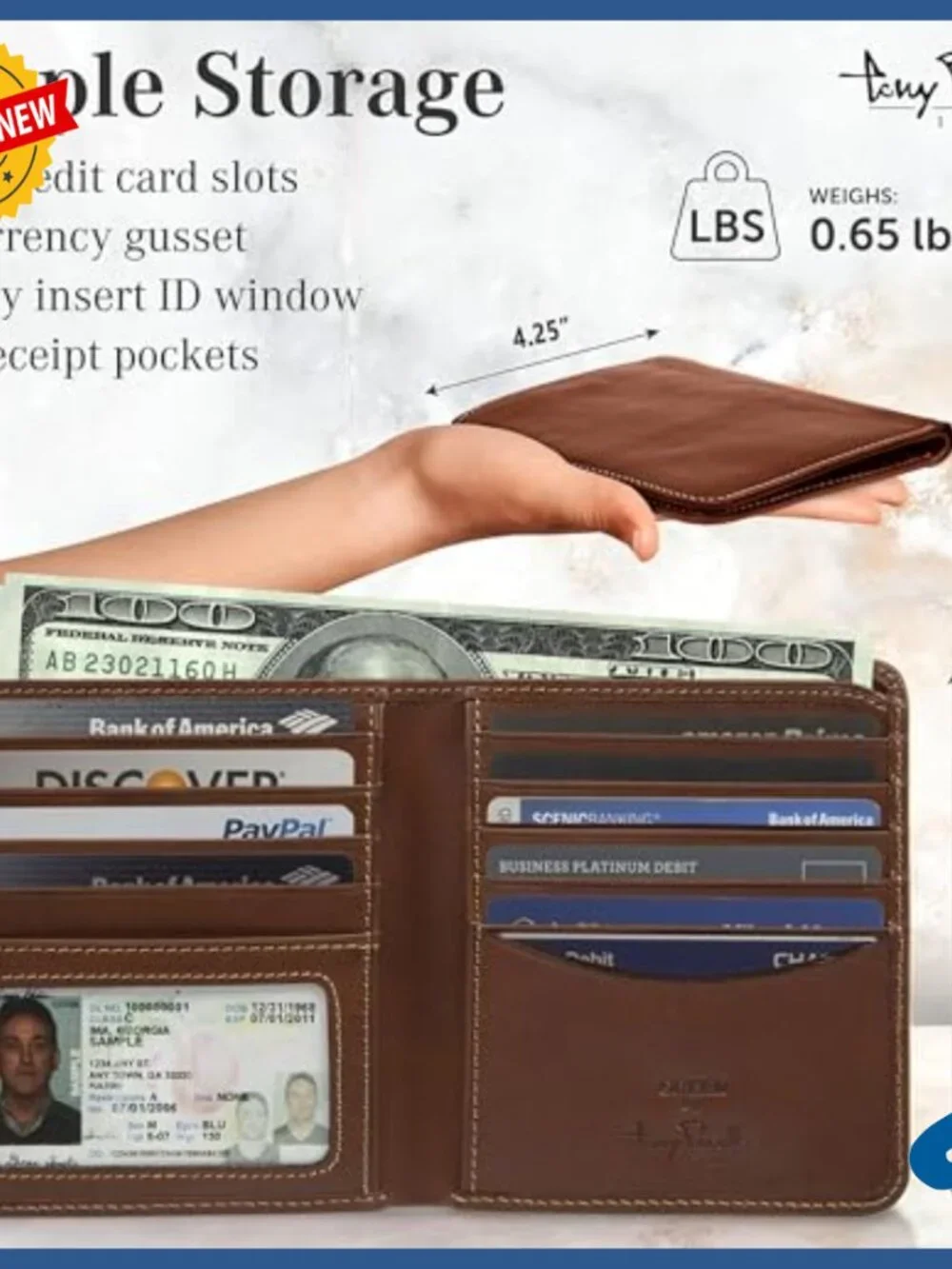 Italian Leather Bifold Wallet with ID Window, 11 Card Slots, Slim Design